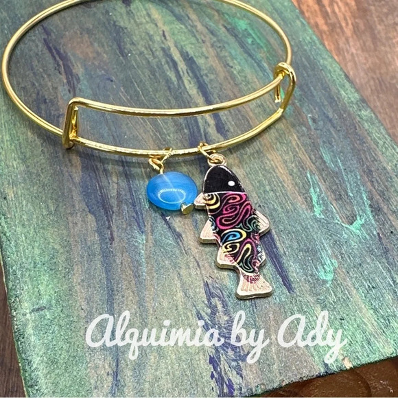 Blue Cat's eye long fish colorful adjustable gold bangle bracelet - Picture 1 of 4